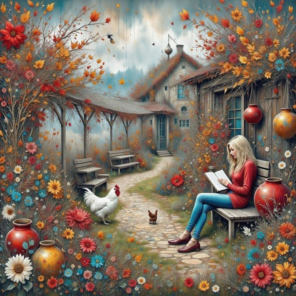 Cozy Garden Scene with Woman Reading in Autumn Rain