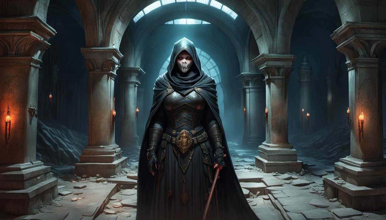 Latex Reaper in Crypt: Detailed Concept Art Portrait