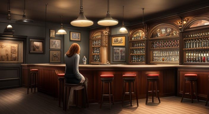Lonely Woman in Irish Pub at Night