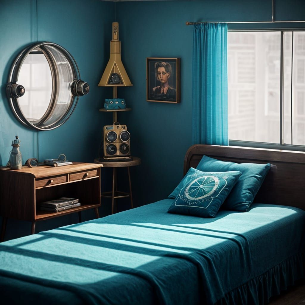 Blue Retrofuturistic Bedroom in Raygun Gothic Style