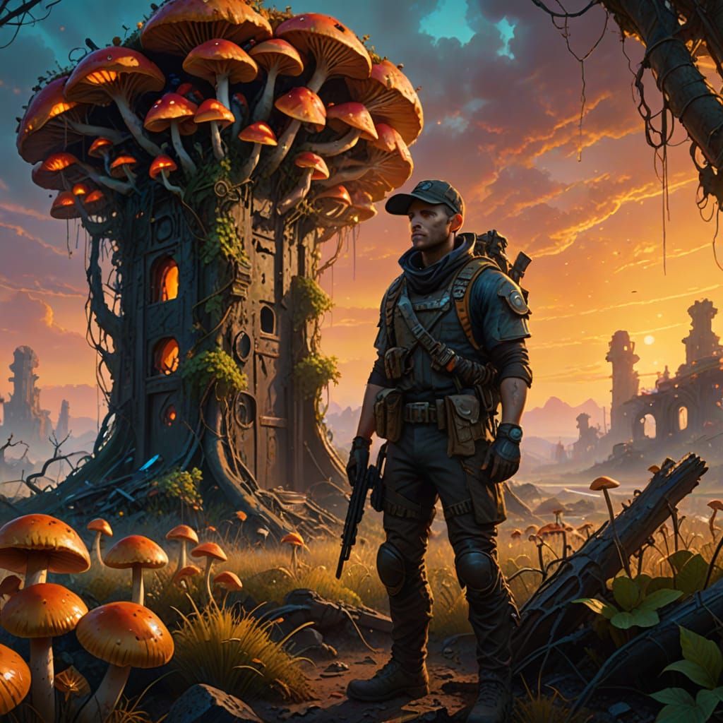 Post-Apocalyptic Survivor in Glowing Landscape Painting