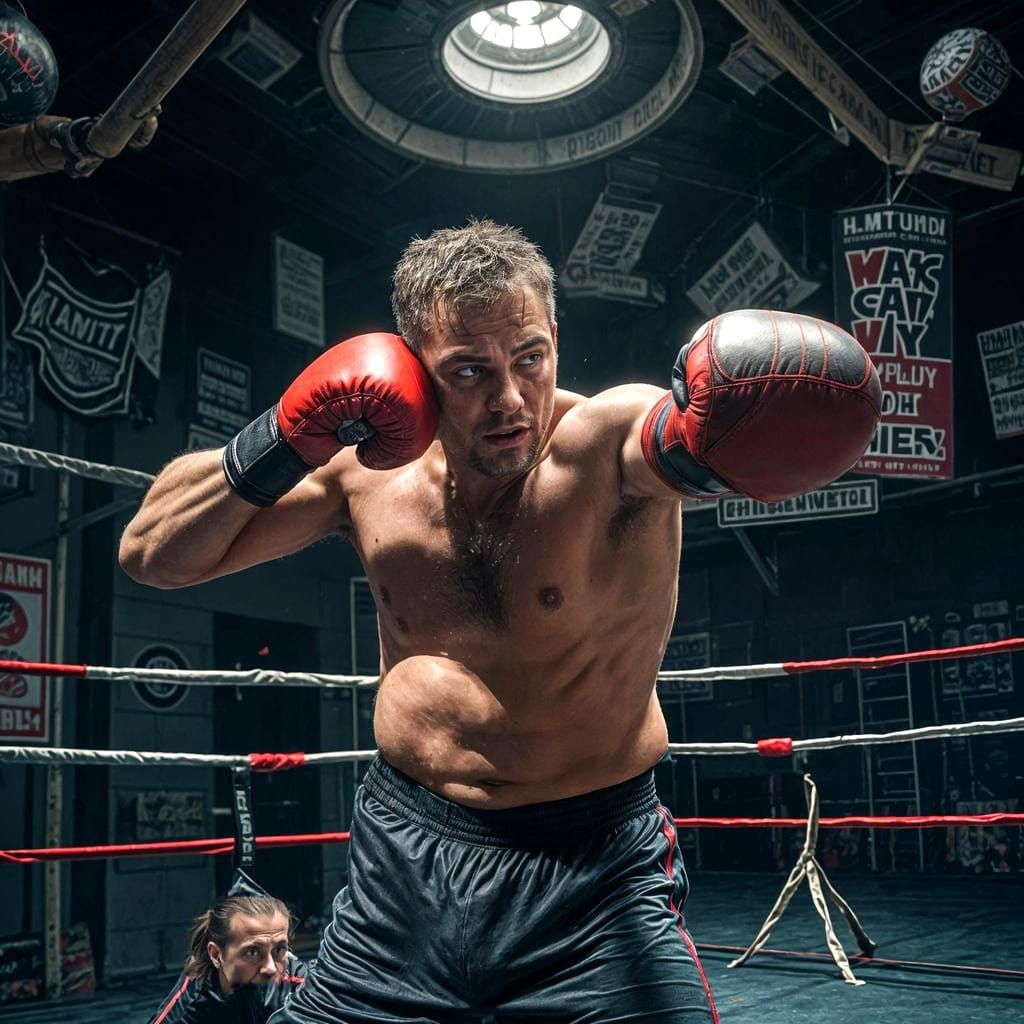 Middle Aged Boxer Sparring in a Messy Gym