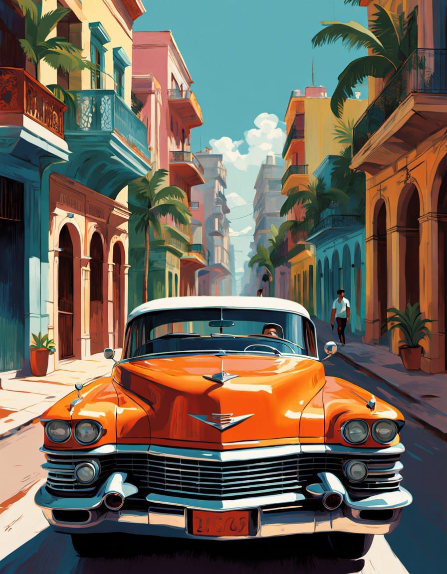Art Deco Cadillac Speeds Down Havana Street in Vibrant Citys...