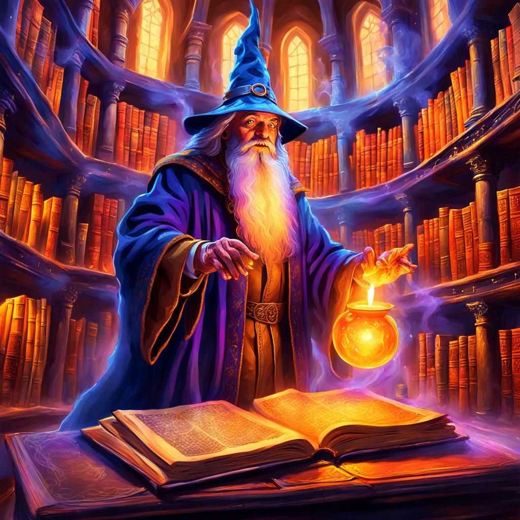 Mystical Library: Wizard Casting Spell in Oil Painting Style