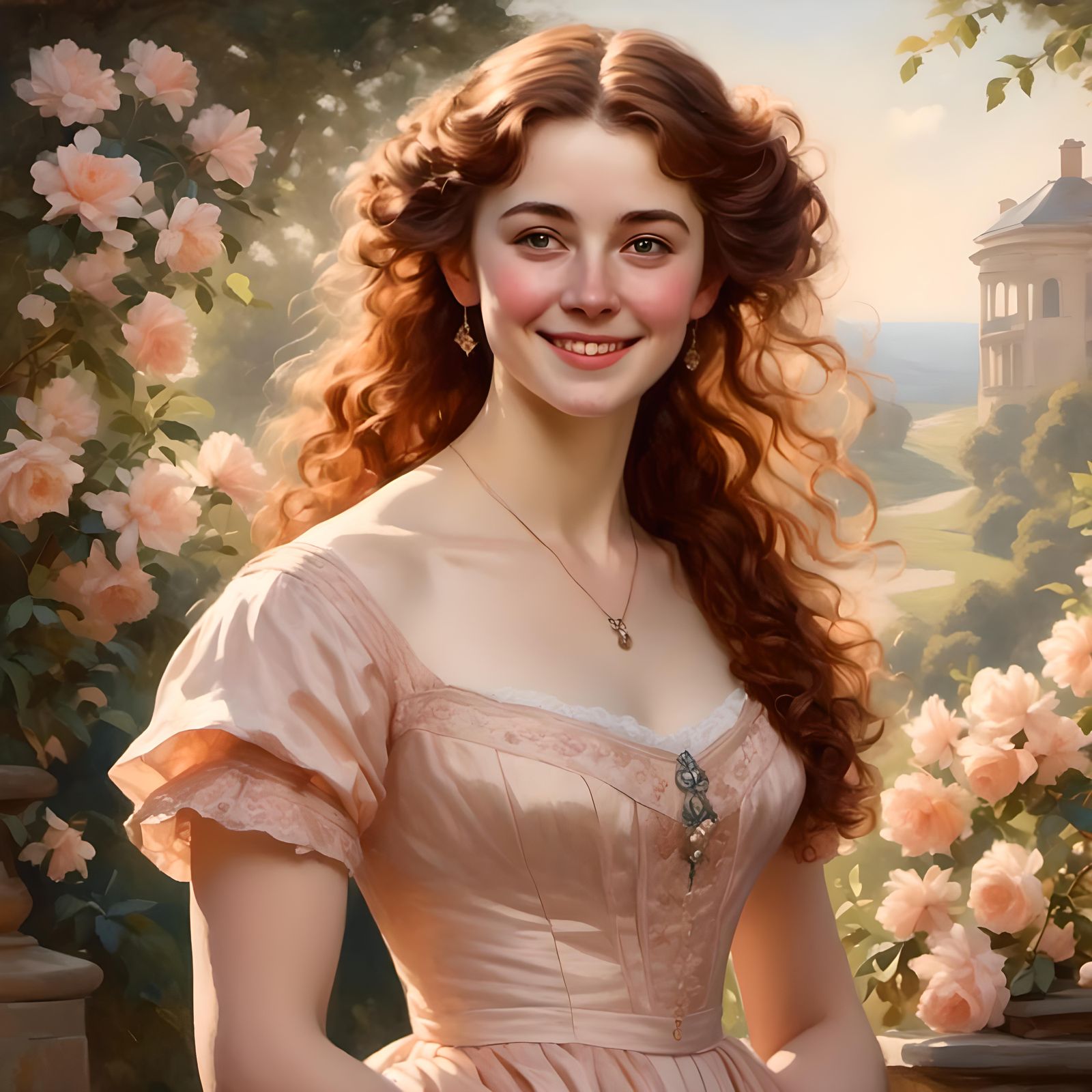 Joyful Woman in Peach Dress, Jane Austen Era Style