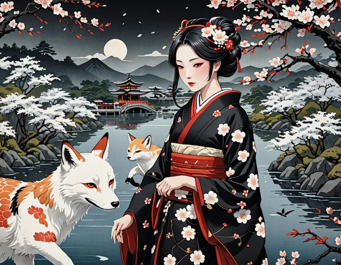 Japanese Girl with Mystical Creatures in Ukiyo-e Style