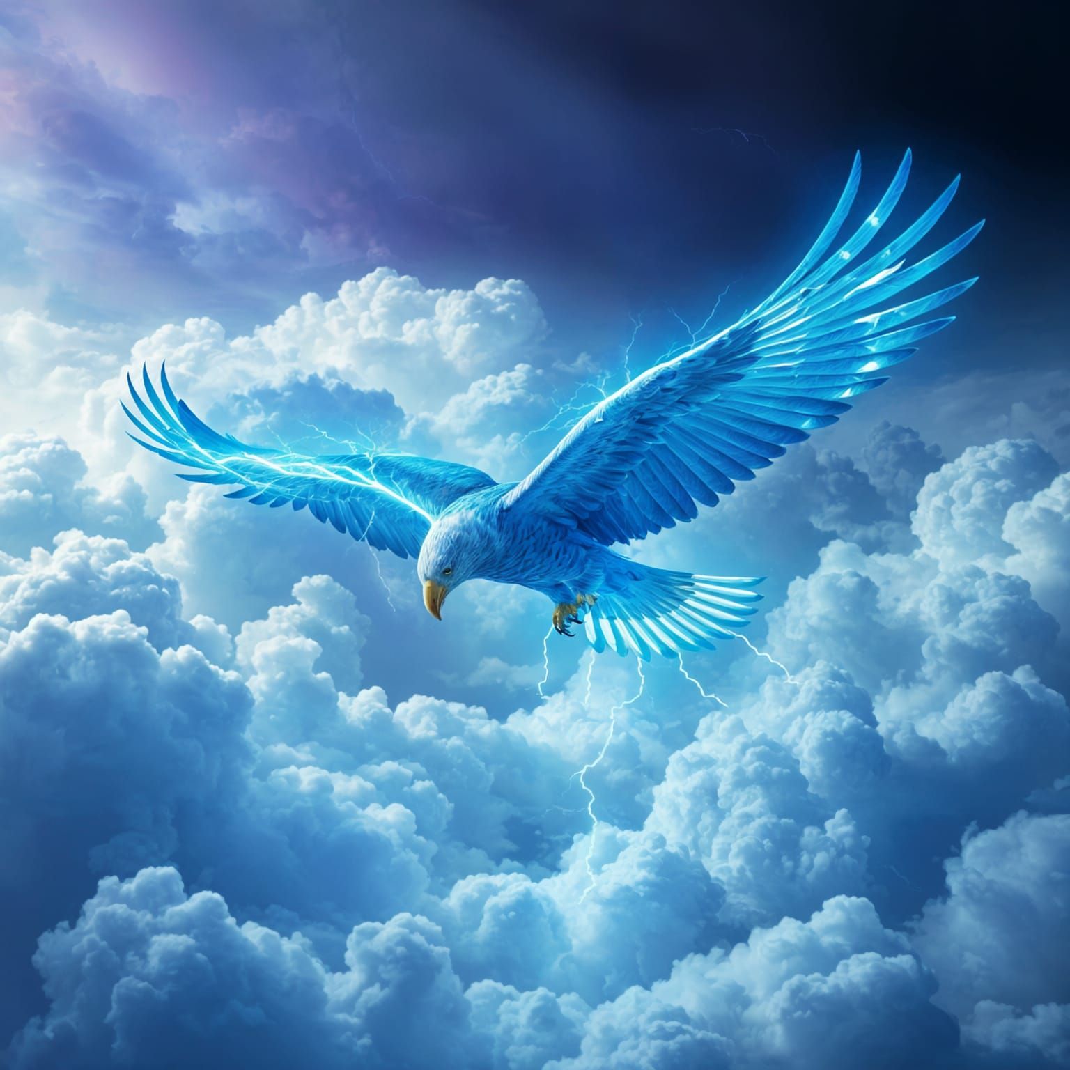 Eldritch Eagle of Electric Blue Lightning Soars Among Clouds