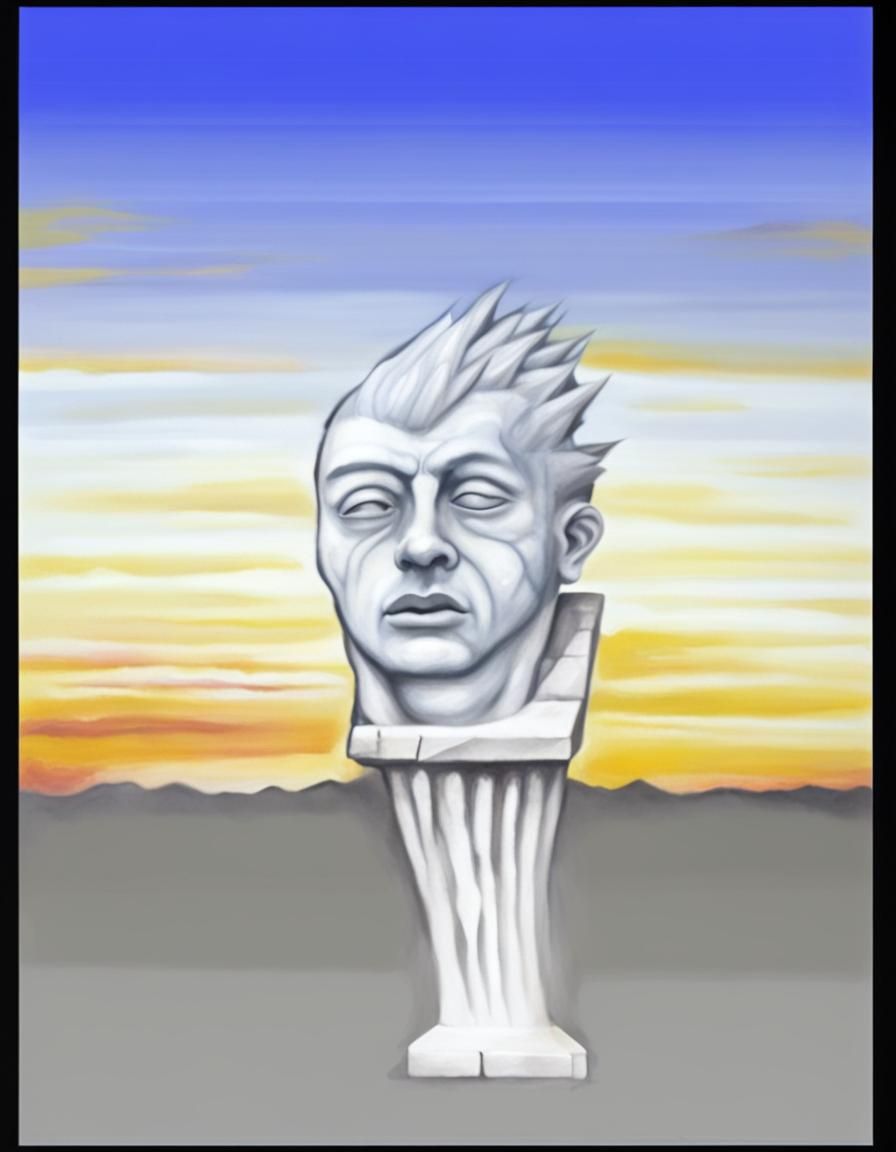 Marble Punk Head on Pillar in Surreal Landscape