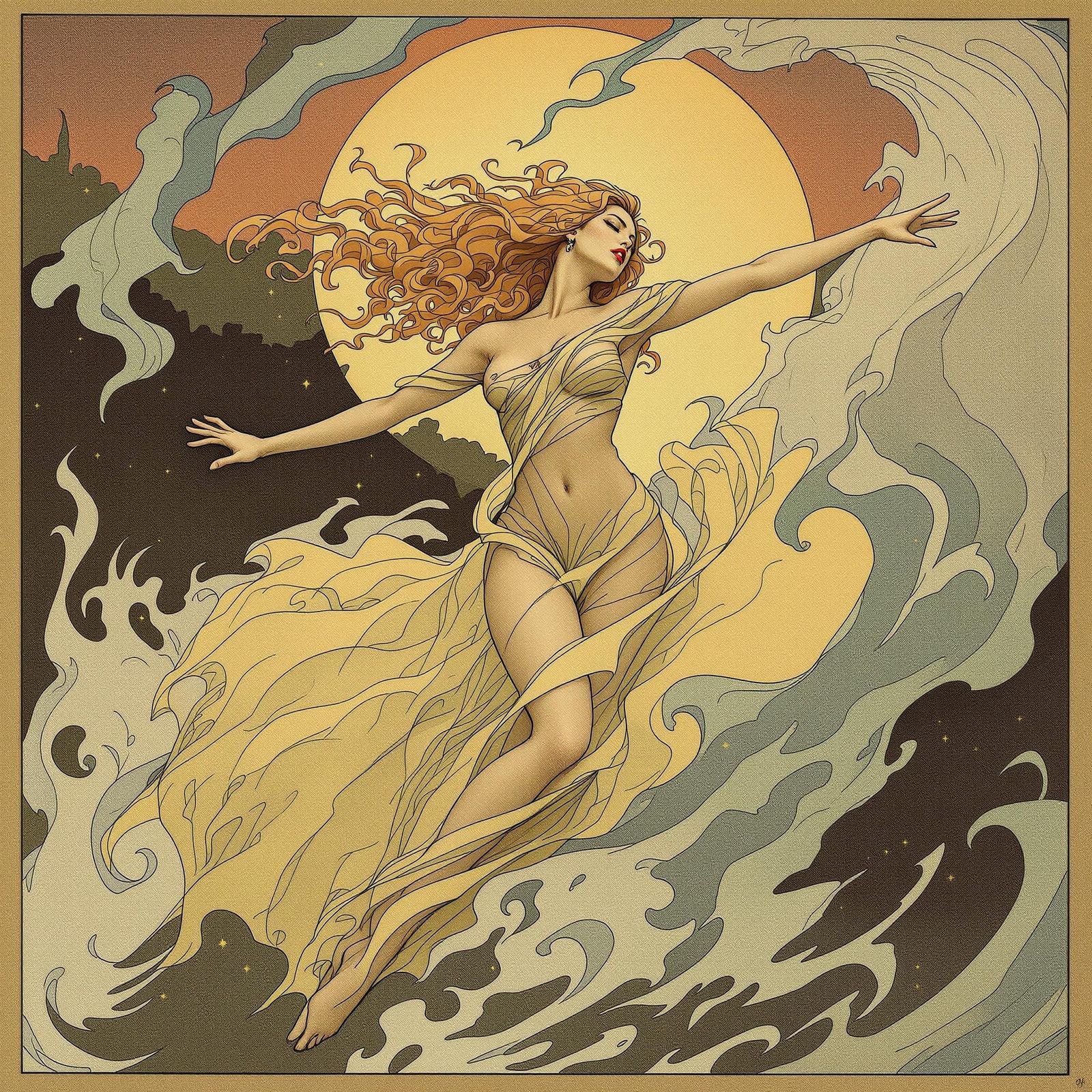 Elegant Woman in Motion, Alphonse Mucha Style