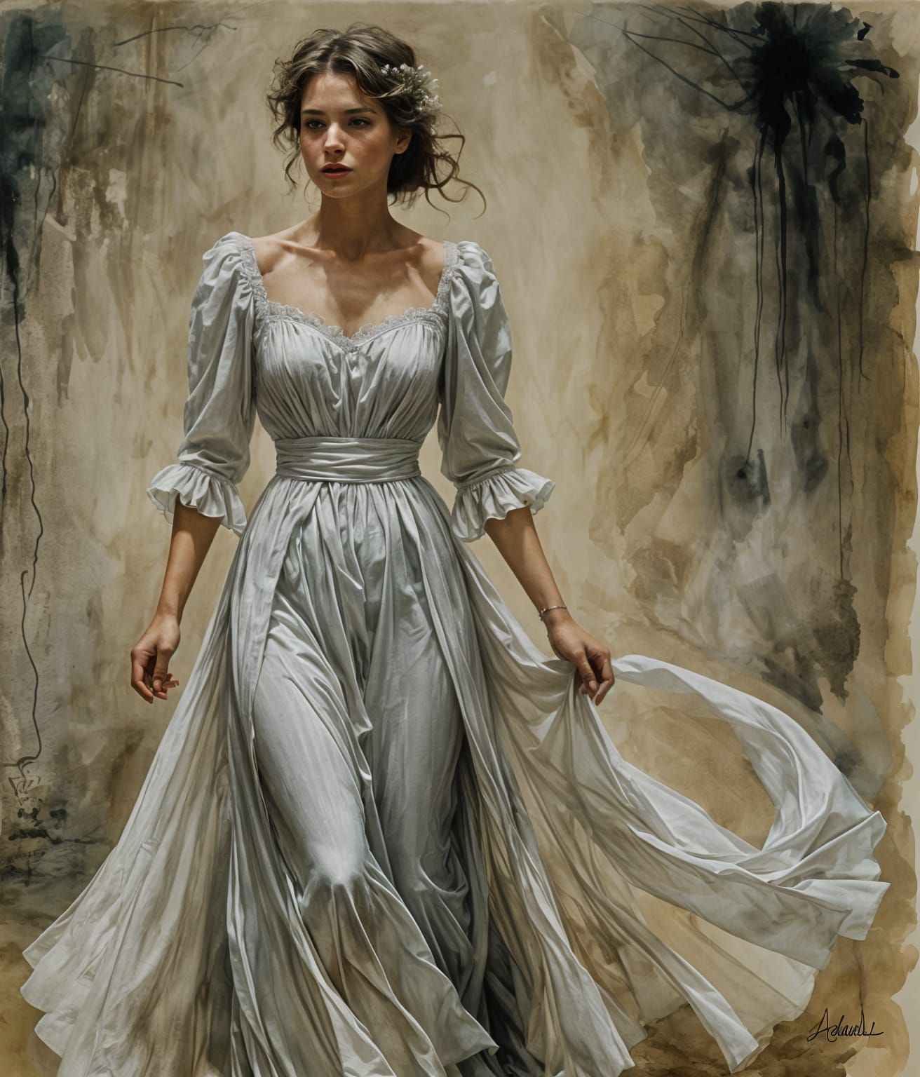 Frightened Woman in White Gown, Fantasy Art