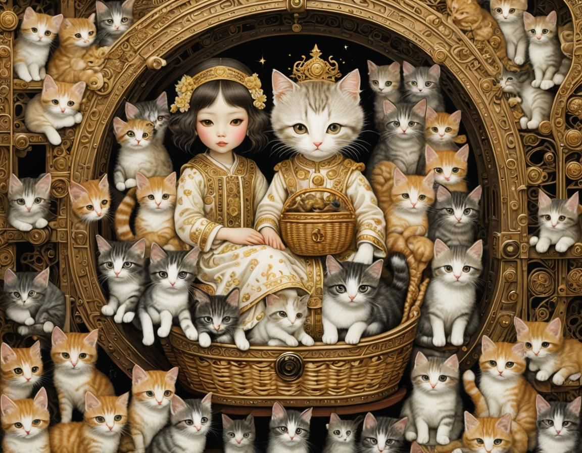 Girl on Train with Kittens, Intricate Illustration