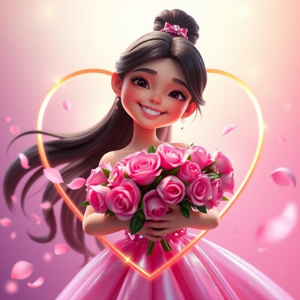 Radiant Girl with Roses in 3D Style
