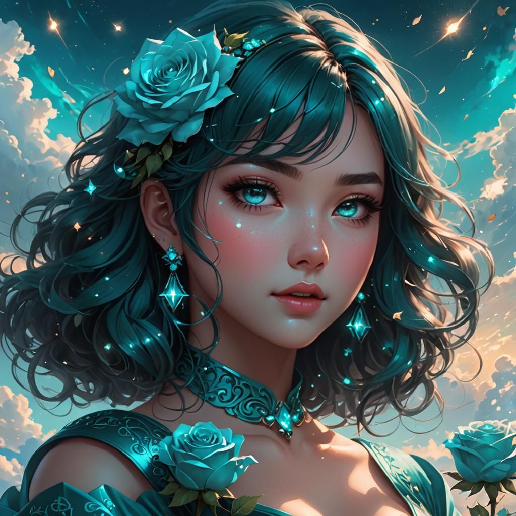 Cute Teal Girl Digital Illustration