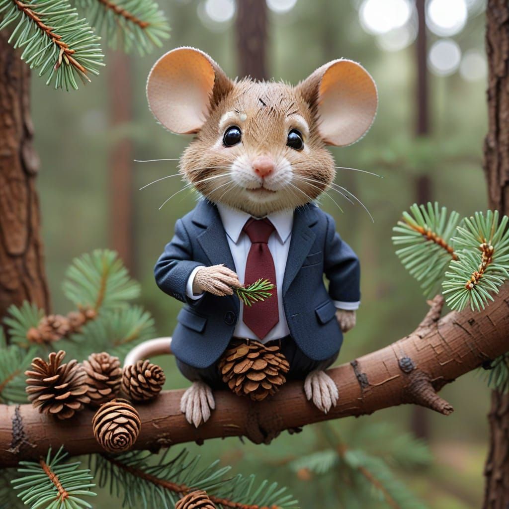 Chibi Mouse Office Worker Surrounded by Pine Cones