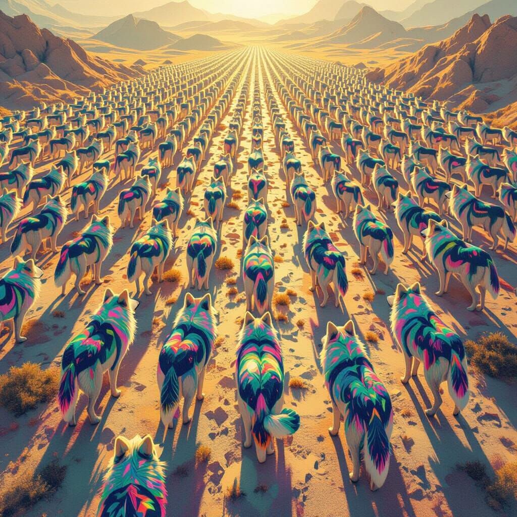 Psychedelic Wolves: Bird's Eye View in Digital Art Style