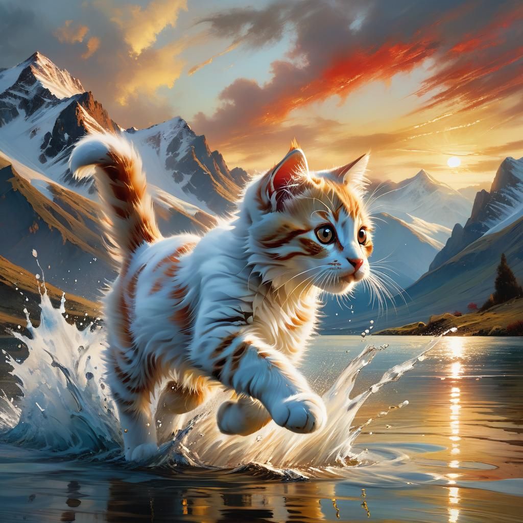 Red Tabby Kitten in Sunset Waters: Digital Fine Art