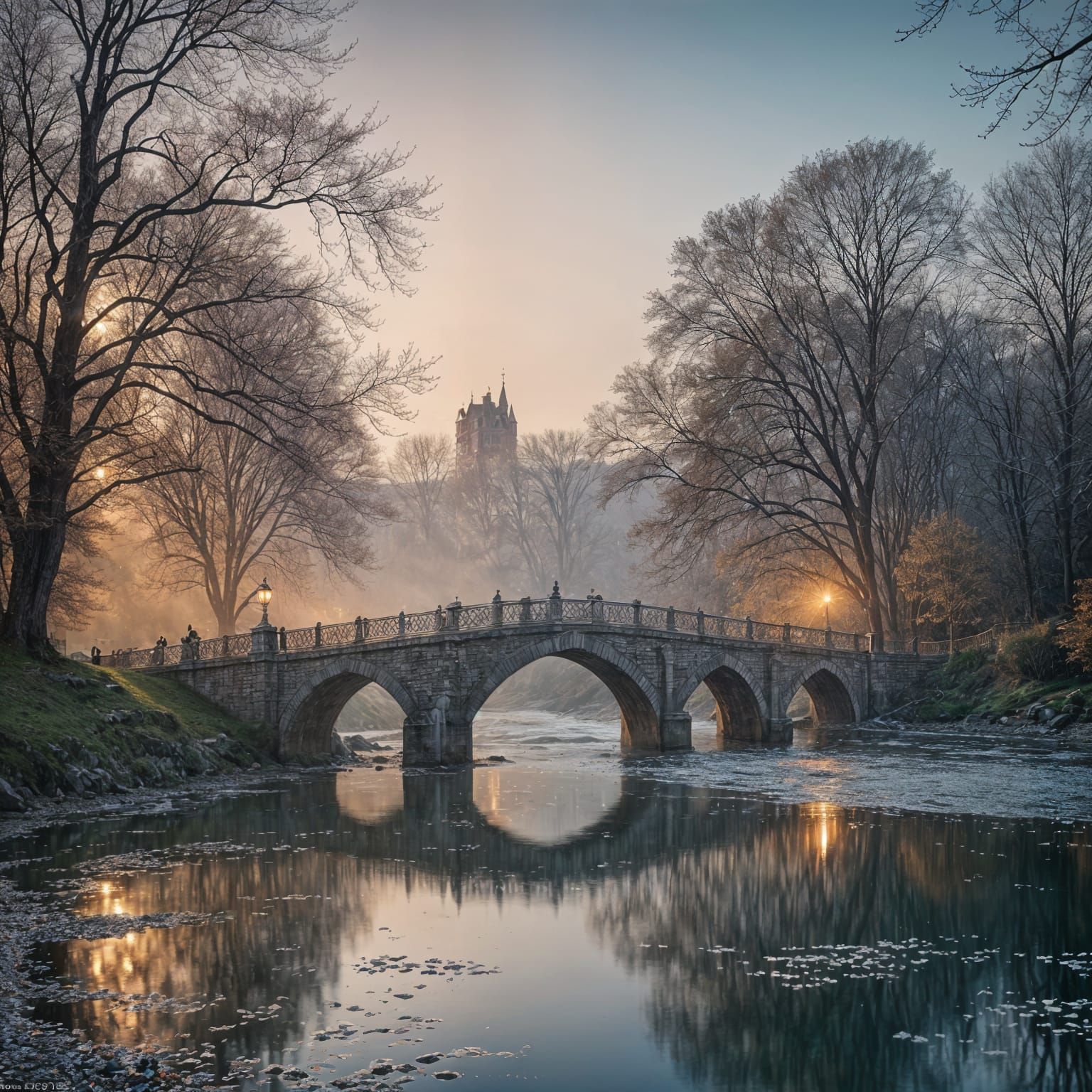 Idyllic Bridge at Dawn, Expressionist Style