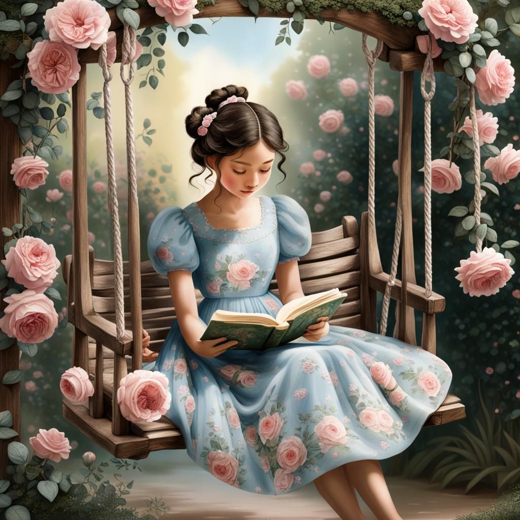 Girl on Floral Swing in Watercolor Style