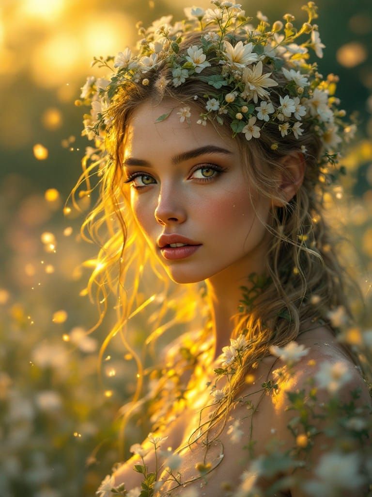 Radiant Summer Sprite in Golden Hour Meadow