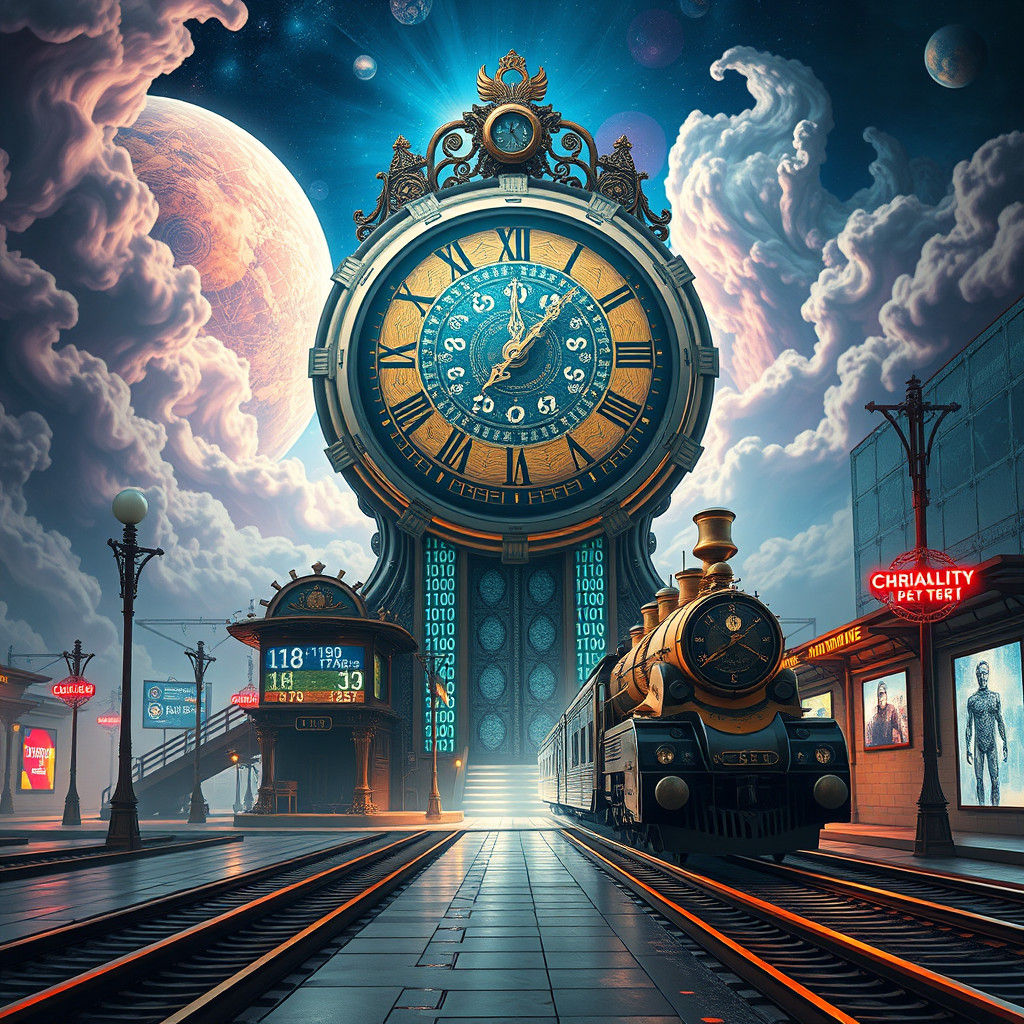 Ethereal Clock Tower in Futuristic Train Station