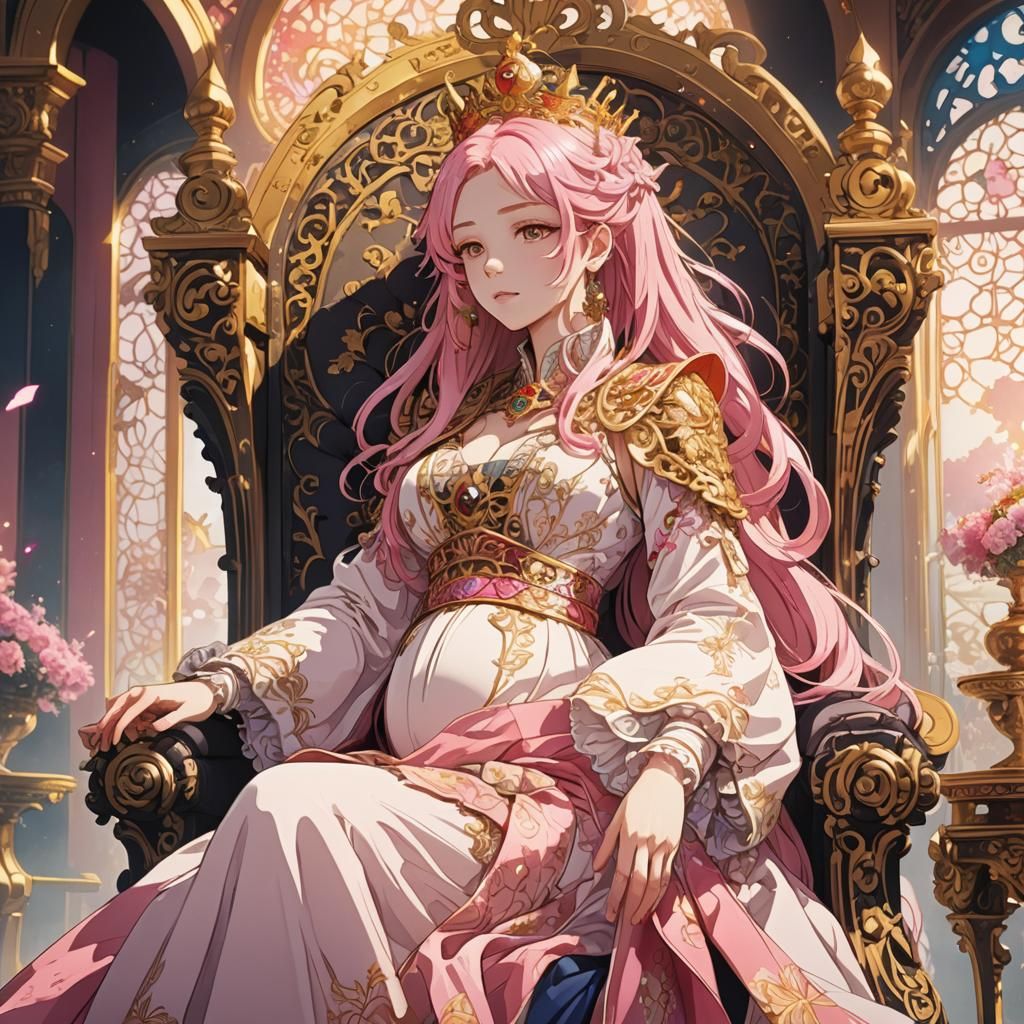 Pregnant Anime Queen on Throne in Manga Style
