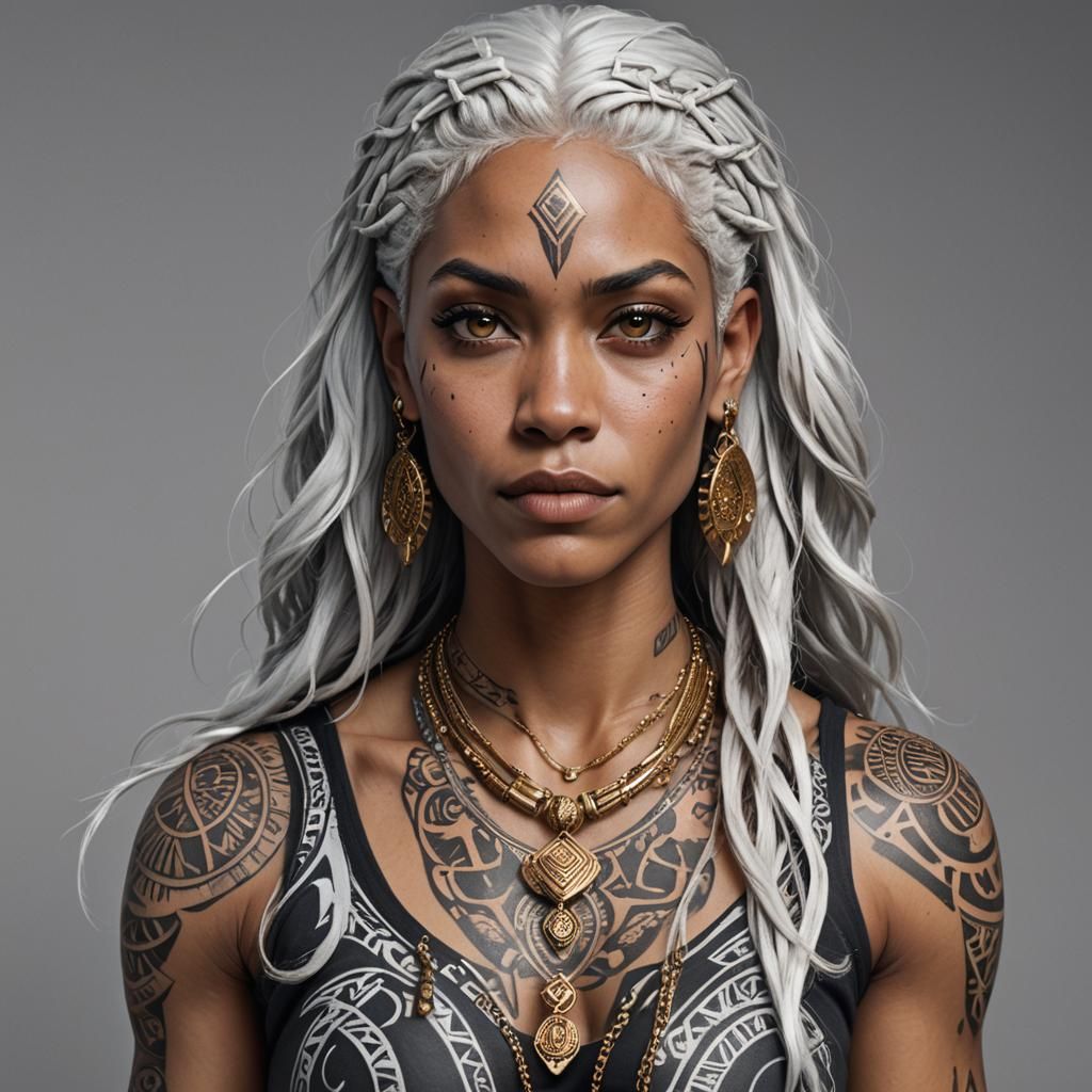Muscular Black Woman with White Hair and Tattoos