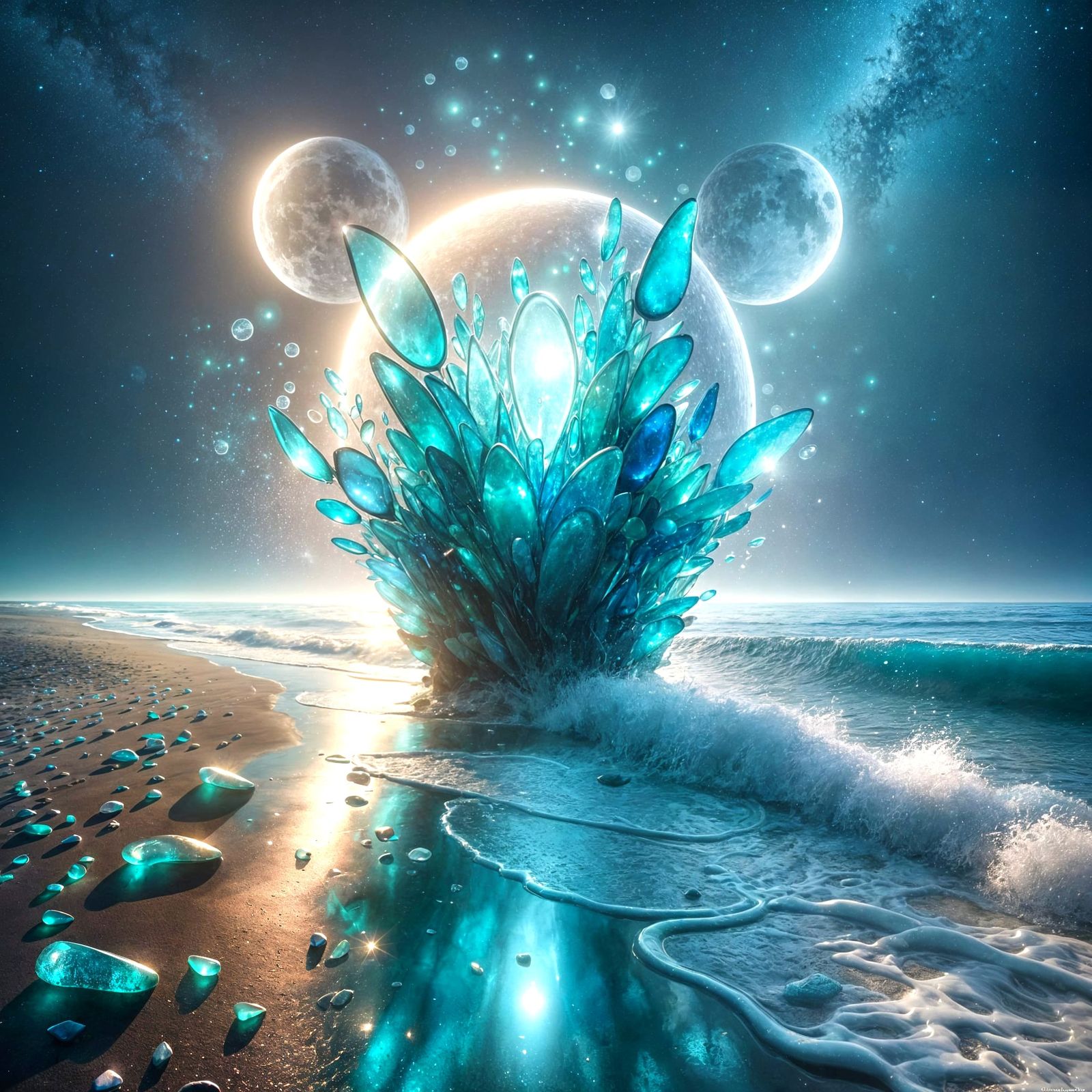 Seaglass Sculpture on Moonlit Shoreline With Two Moons