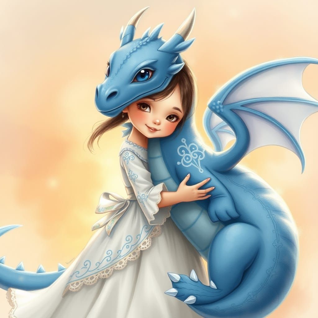 Sweet Girl Hugs Majestic Blue Dragon in Whimsical Watercolor...