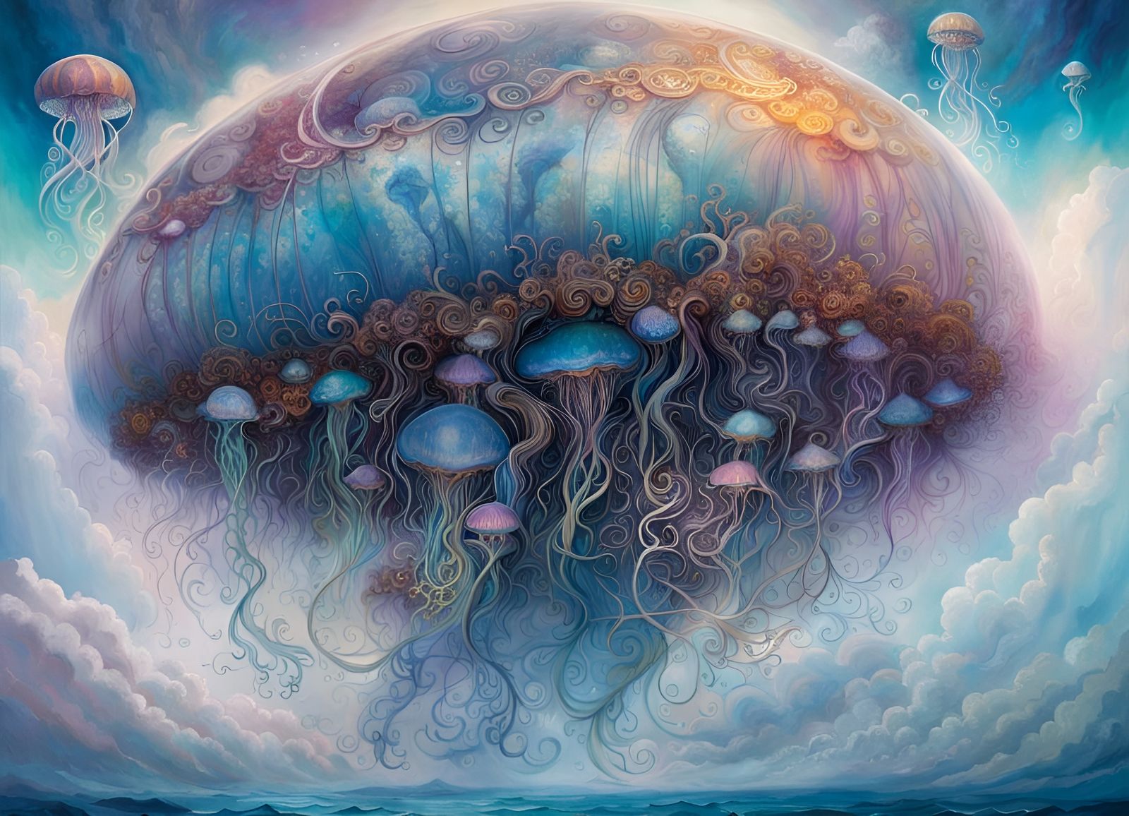 Surreal Jellyfish Floating Through Misty Clouds