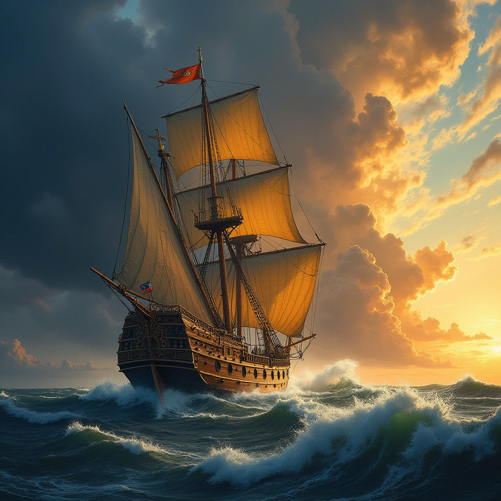 Majestic Tall Ship Sailing a Stormy Sunset