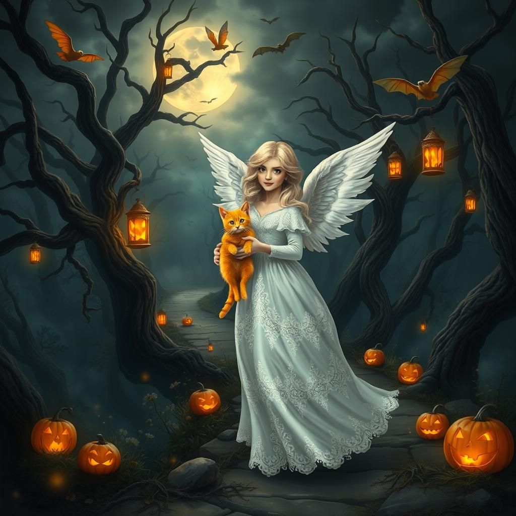 Halloween Angel and Winged Cat in Mystical Forest