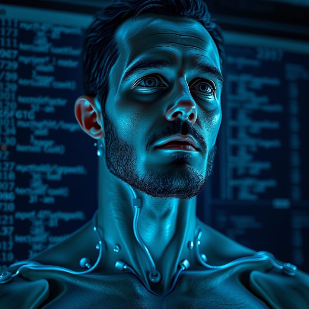 Cybernetic Man in Da Vinci Style with Computer Code