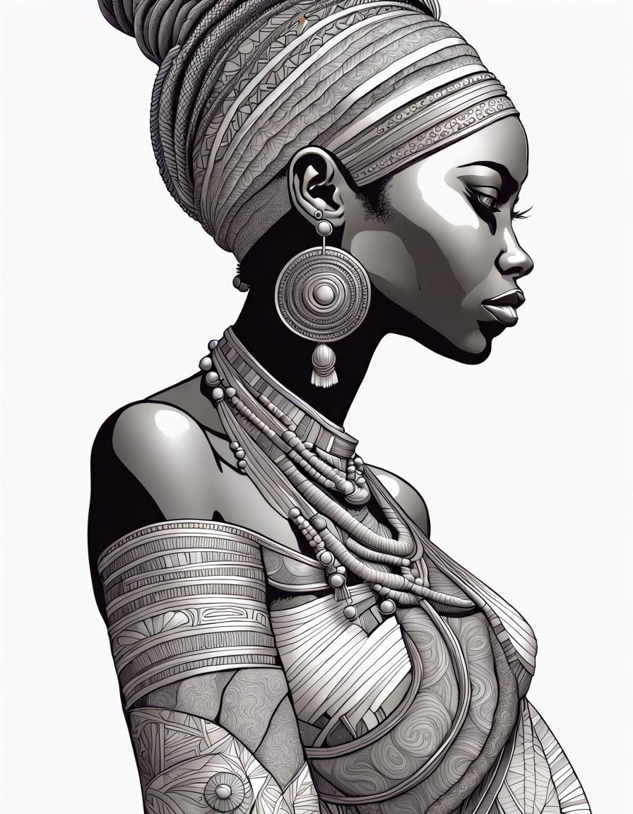 African Princess Profile in Detailed Line Art