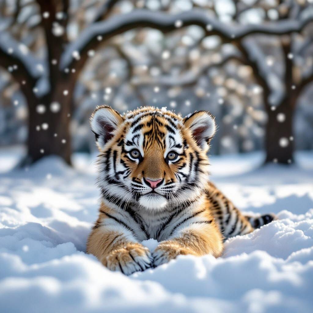 Cute Tiger Cub Rolls in Snow: Hyperrealistic Photo
