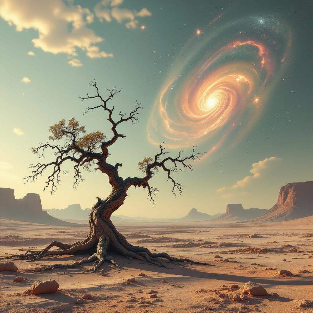 Ancient Tree on Alien Planet Under Nebula Sky