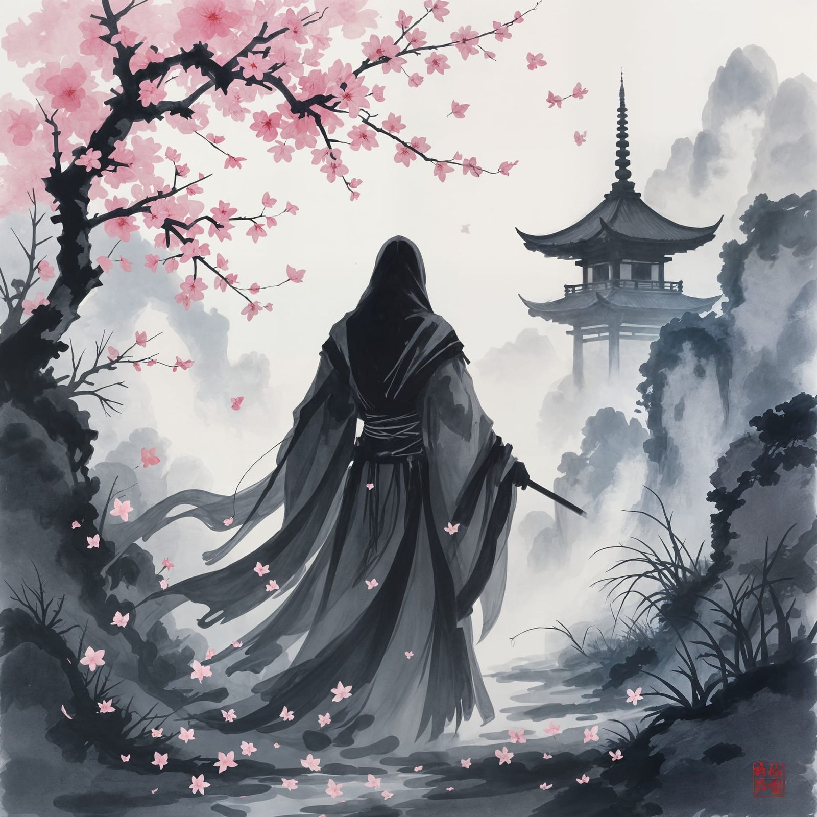 Ethereal Ink Painting of Ghostly Figure with Cherry Blossoms