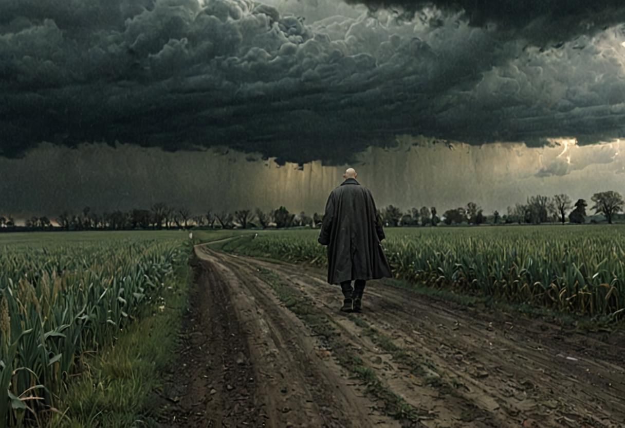 Bald Man Walks Road Amidst Gathering Storm