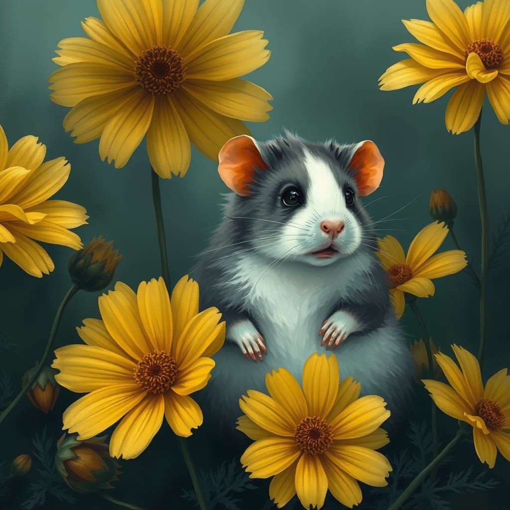 A digital art illustration of a fluffy hamster with orange ears sitting among large yellow cosmos flowers. The hamster h...