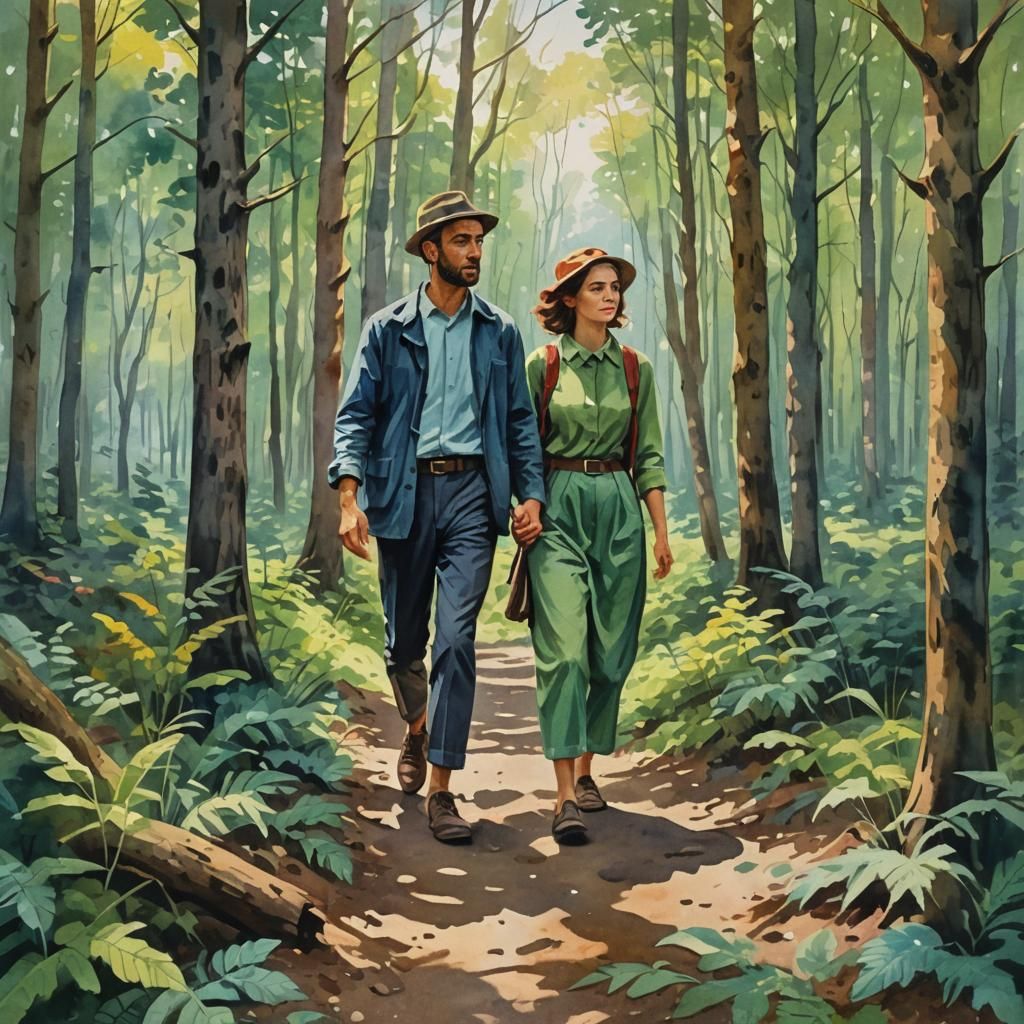Couple Walking in Forest: Gouache Watercolor Style
