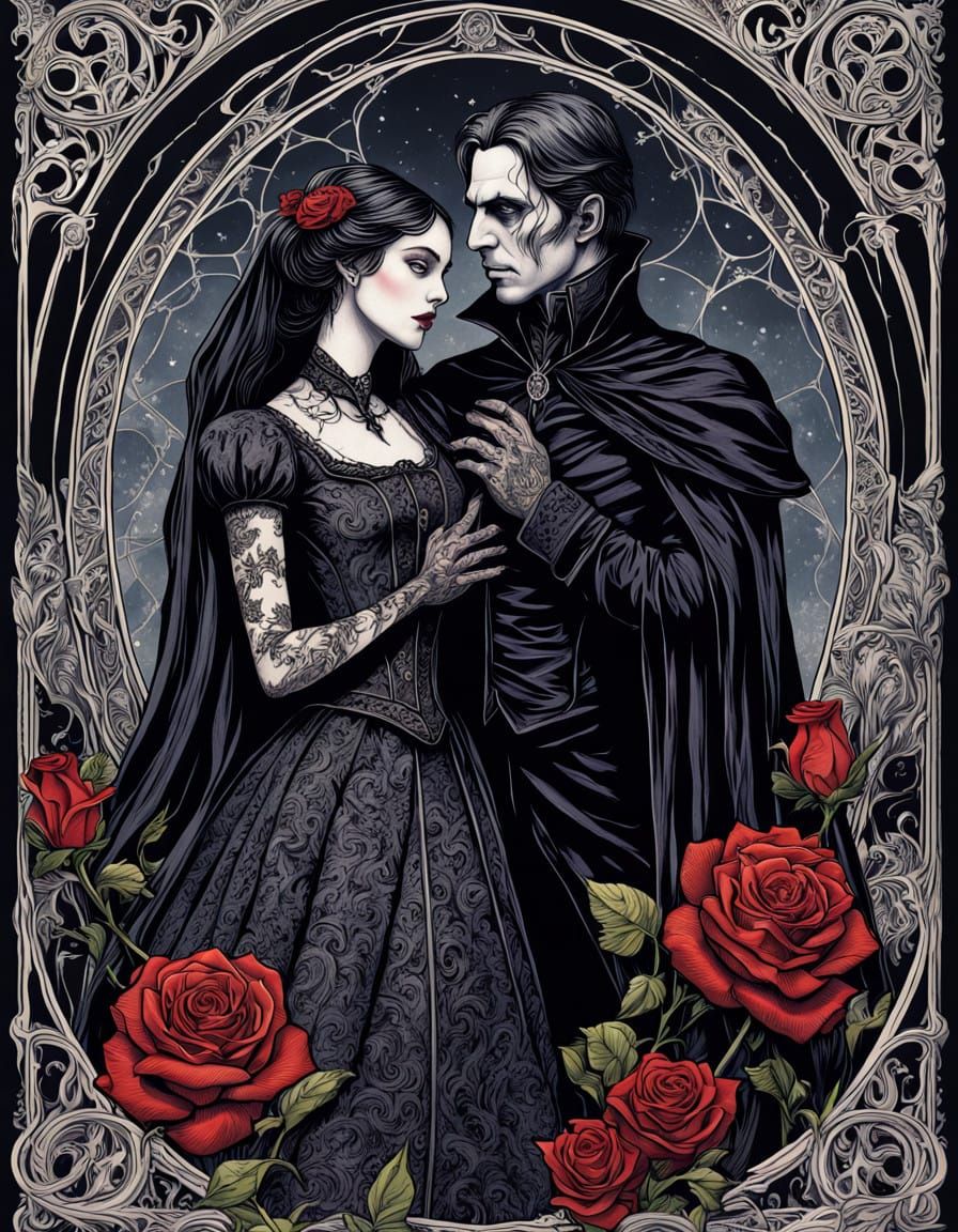 Ethereal Gothic Vampire Lovers in Ornate Tarot Card