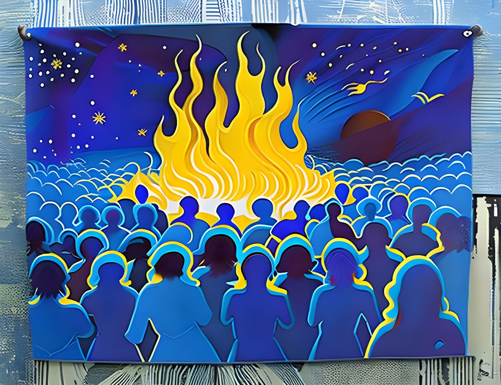 Fire in Crowd Gouache Painting