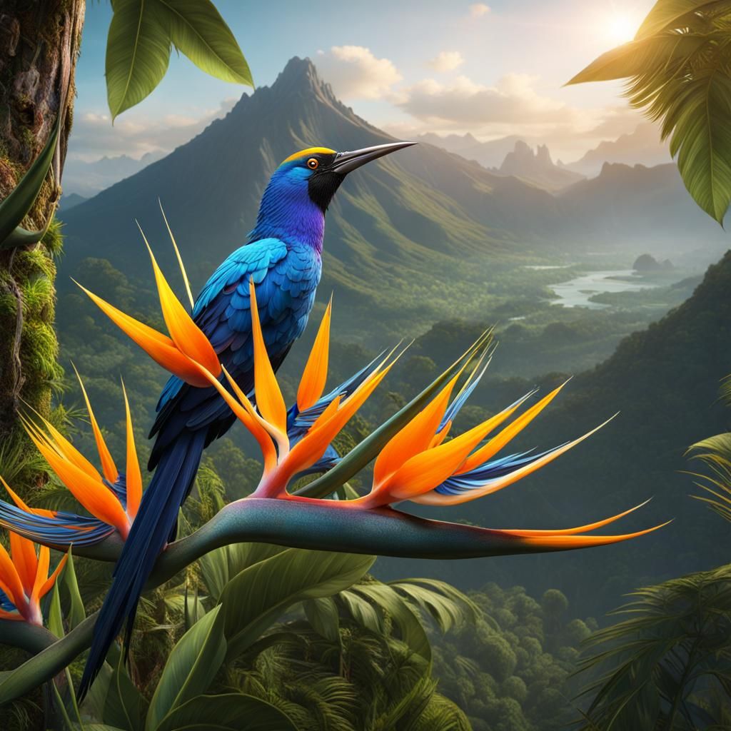 Bird of Paradise Sings in Mountain Landscape