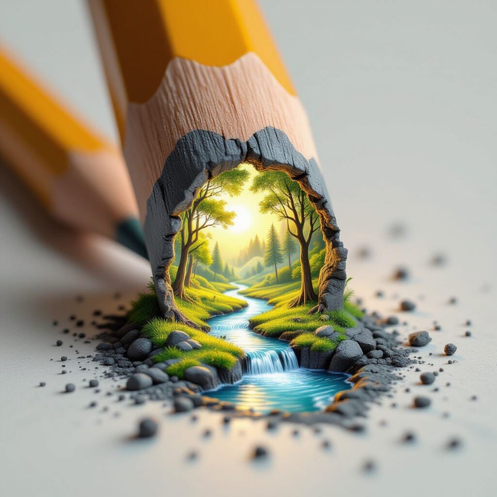 Pencil Portal to Miniature Fantasy Landscape