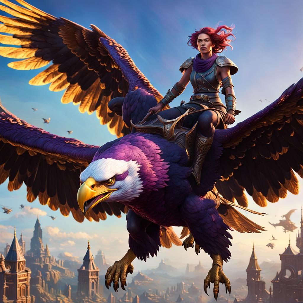 Woman Rides Giant Eagle, Dark Fantasy Art