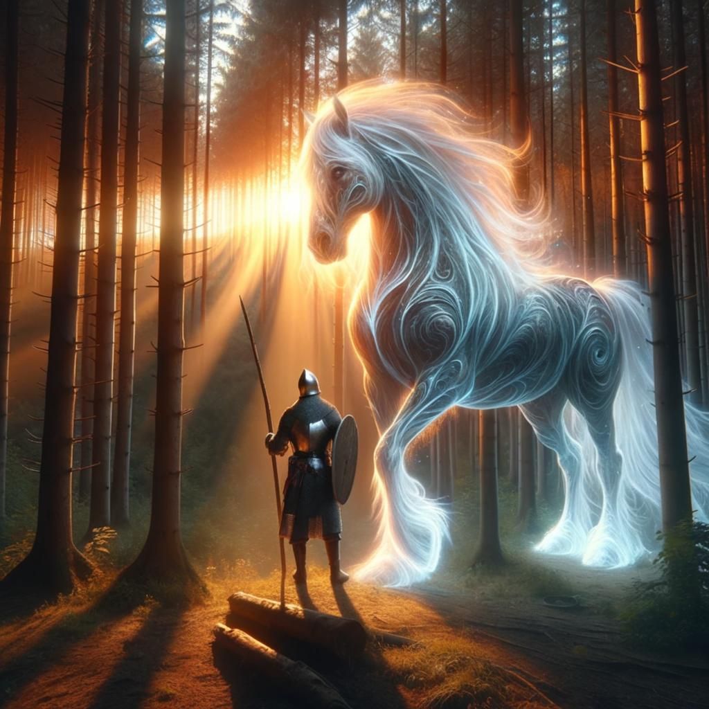Ethereal Horse and Warrior in Mystical Forest