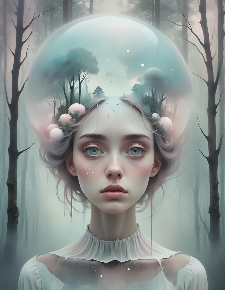 Surreal Woman Portrait in Dreamlike Pastel Landscape