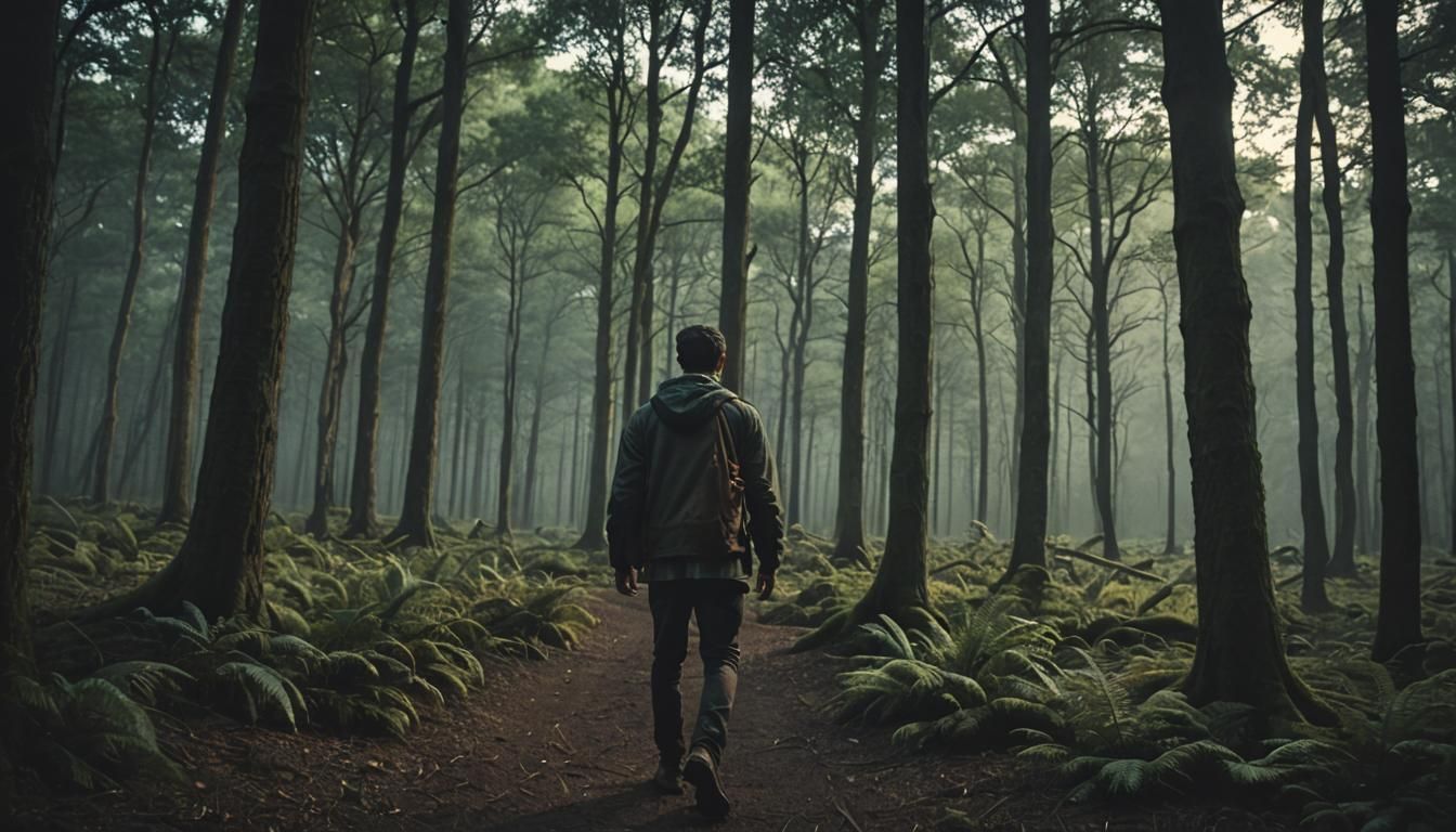 Young Man Enters Dark Forest: Cinematic Film Still