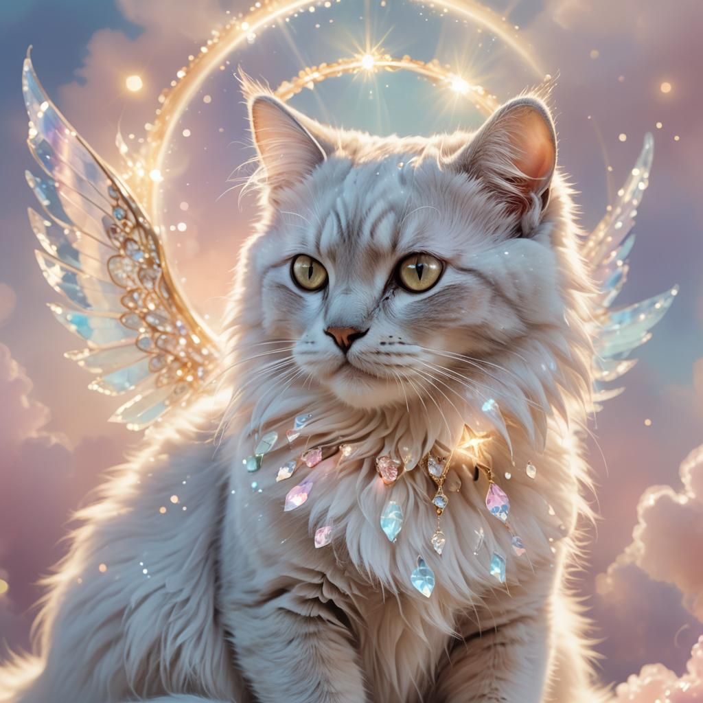 Crystal Cat in Halo of Light: Whimsical Digital Art