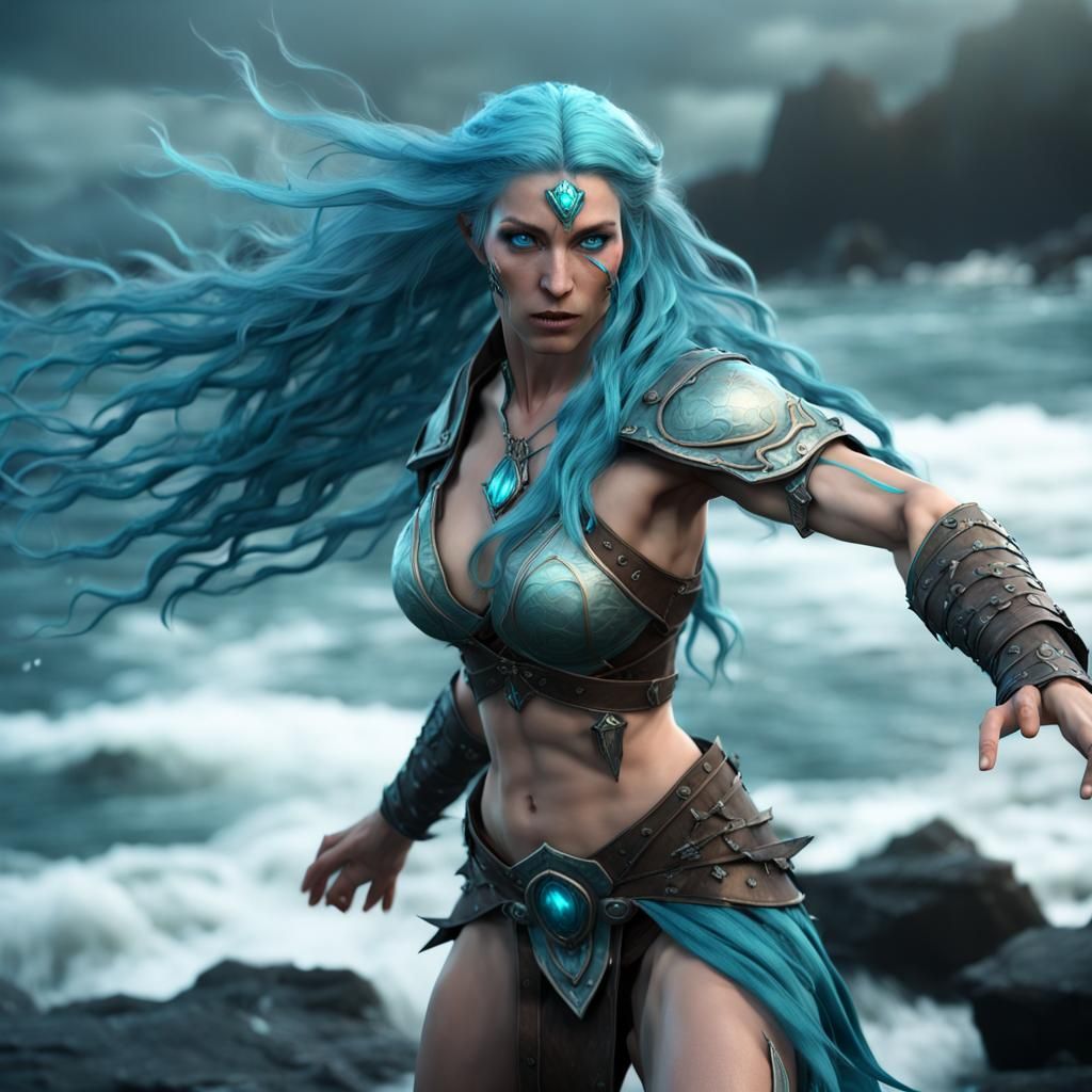 Water Genasi Druid on Stormy Shoreline in 3D