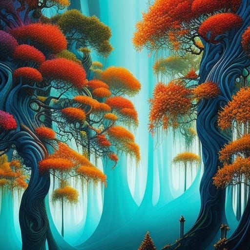 Intricate Trees in Fluid Gouache Style